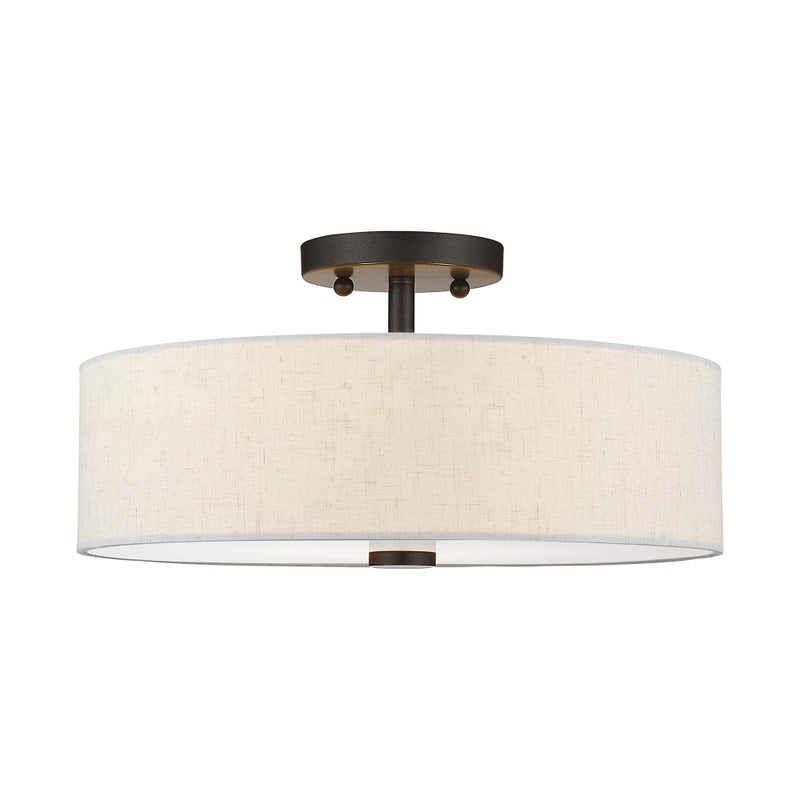 Livex Lighting 52135-92 Meridian Collection 3-Light Semi Flush Mount Ceiling Fixture with Oatmeal Color Fabric Hardback Drum Shade and Satin White Diffuser, English Bronze - Image 4